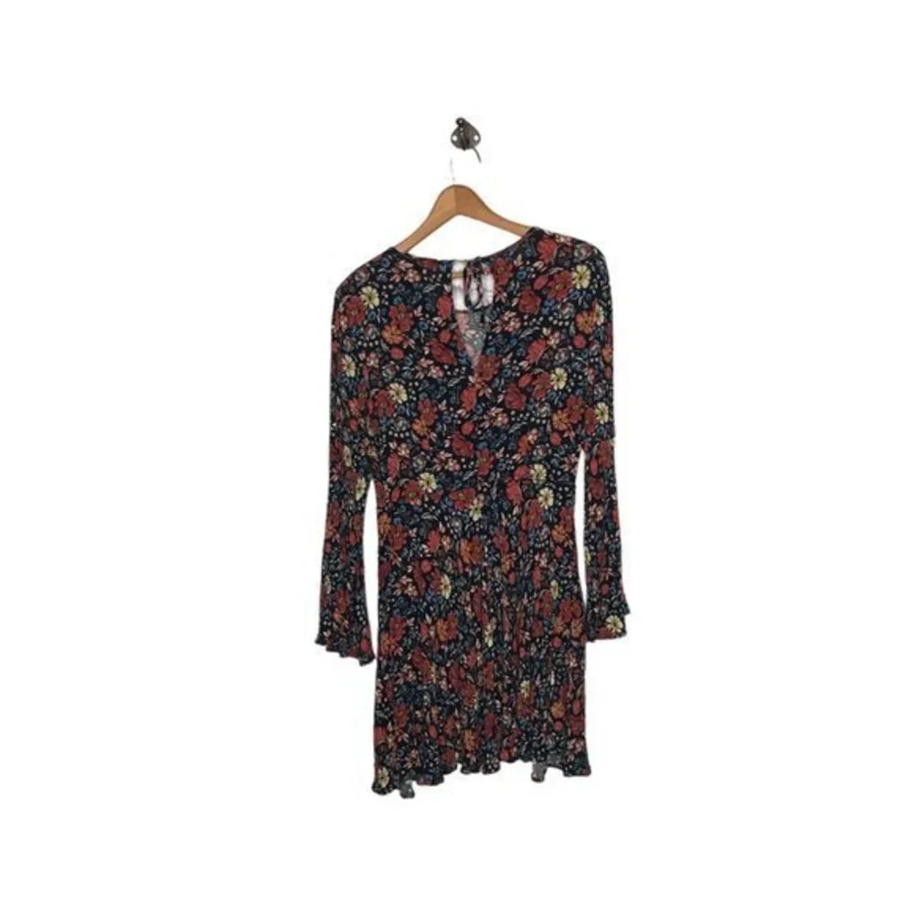 American Eagle S Black Floral Long Bell Sleeve‎ Flirty Mini Festival Boho Dress - Picture 4 of 6